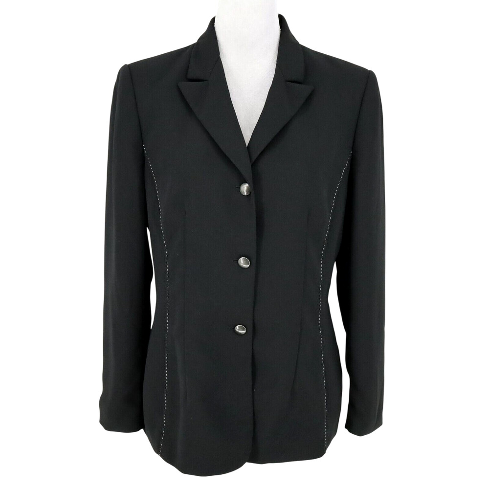 Le Suit Essentials Jacket Womens 10 Black Crepe Lined Blazer Gray Stitching